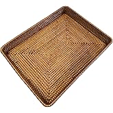 i-lan 17 Inch Coffee Brown Rectangle Rattan Ottoman Coffee Table Serving Tray Without Handles,Natural Wicker Rectangular Serving Platter with 2.4” Wall for Table Accessories,Kitchen,Dinning Room