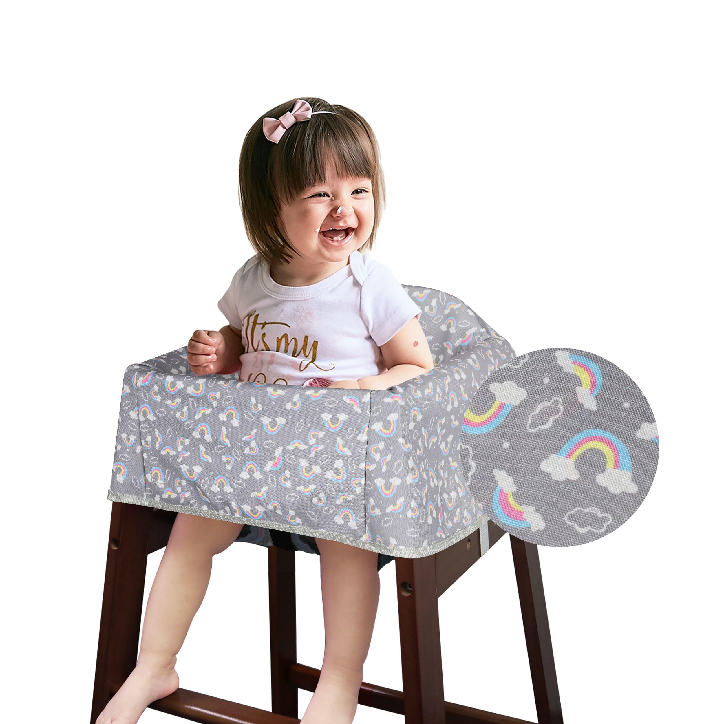 Photo 1 of Dual-Belt Baby High Chair Cover, Upgrade Version, for Wooden or Restaurant High Chair, Sturdy and Robust Material, Waterproof Washable Stain and Slip Resistant, Gray Rainbow