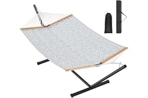 Homgava Two Person Hammock with Stand Heavy Duty, Outdoor Patio Hammock with Portable Steel Stand, Large Double Hammocks with Quick Dry Textilene Fabric,480lbs Capacity.(Grey White)