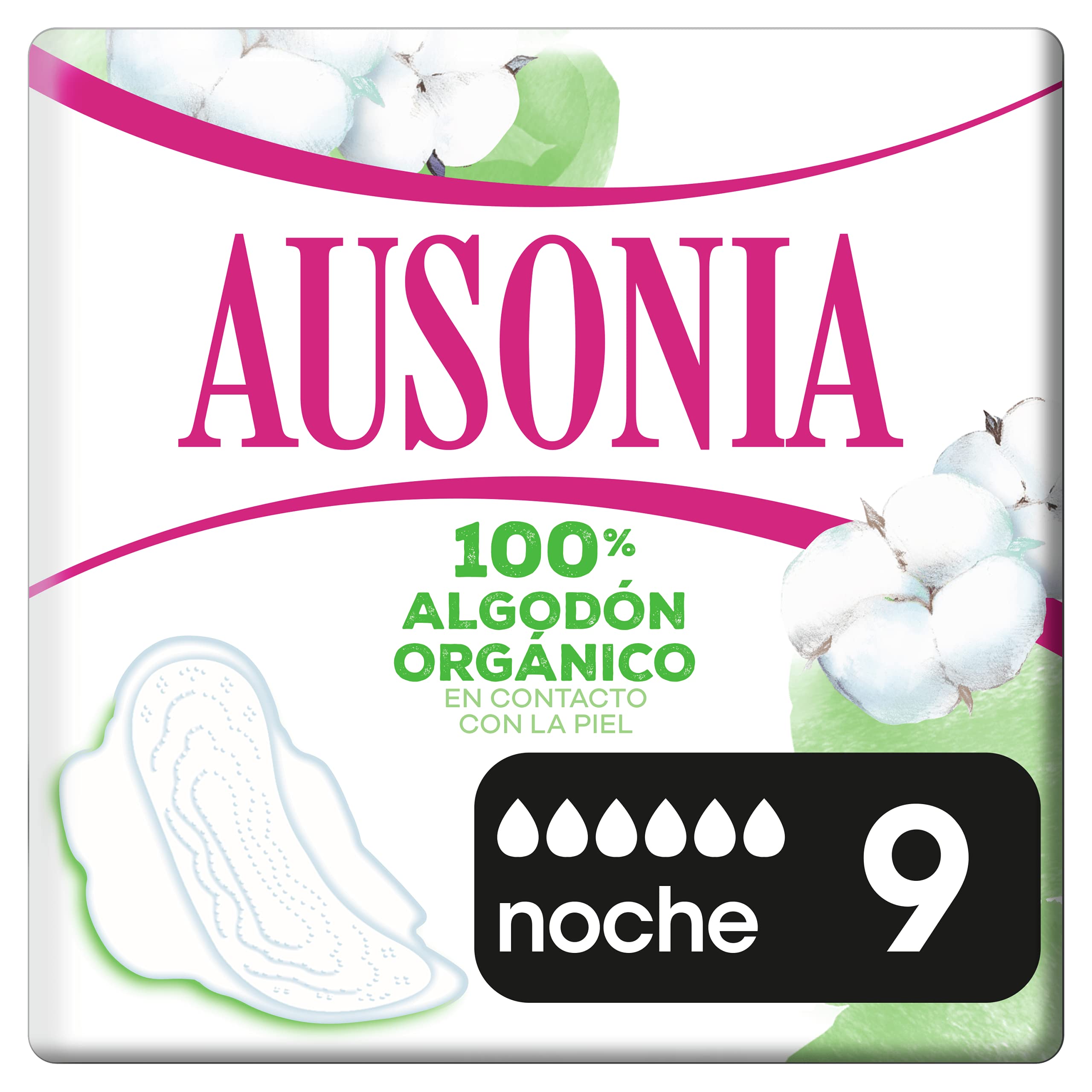 Ausonia Cotton Protection Night Size 3 Sanitary Towels with Wings, 9, Top Layer of 100% Organic Cotton