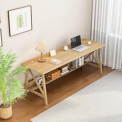 NELYE Extra Long Desk with Bookshelf - Solid Wood