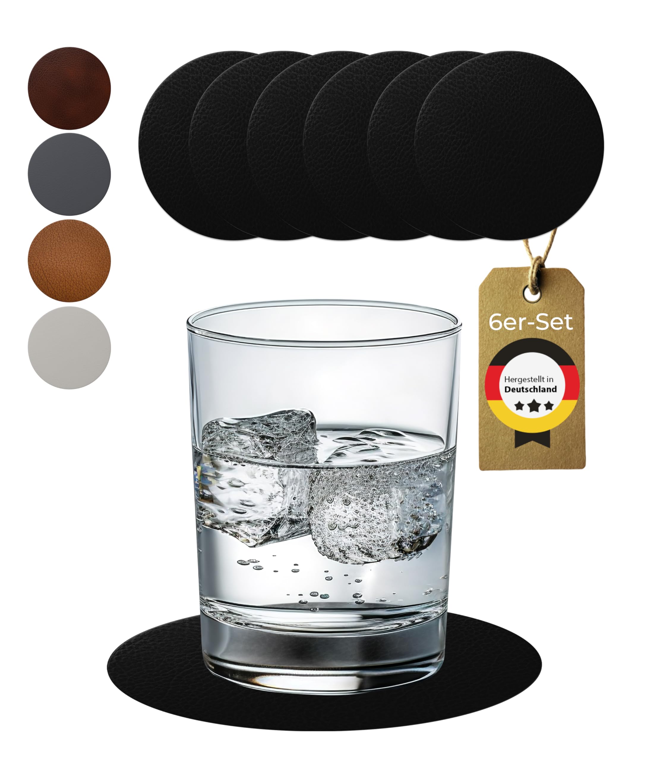 Glass Coasters Set of 6 Leather (Bonded Leather) Coaster Drinks Coasters – Colour: Black, Round 9.5 cm, Wipe-Clean Made in Germany (Black)