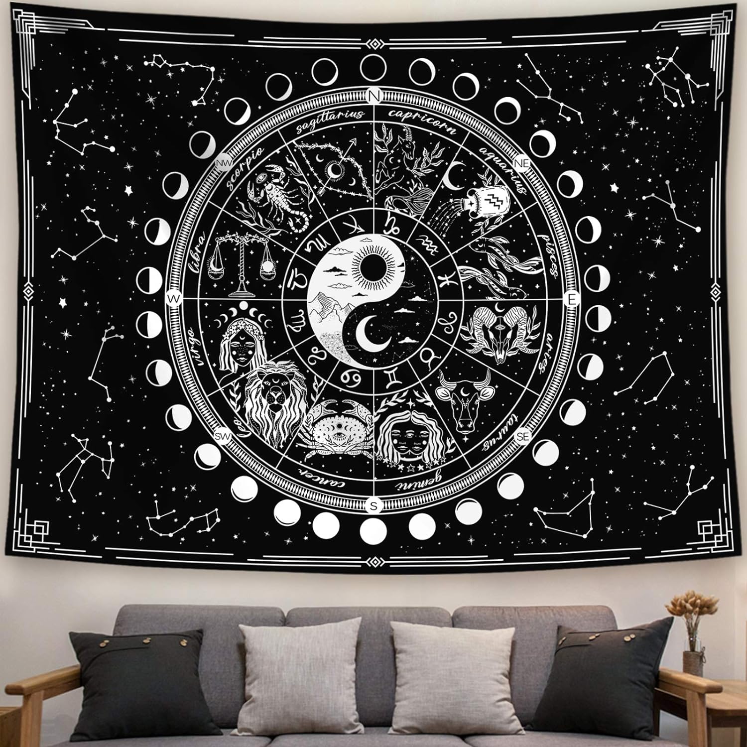 Kanuyee Twelve Constellation Tapestry,Black and White ,Sun and Moon ,Yin and Yang Tapestry Mystic Wall Hanging Tapestry for Home Decor (50