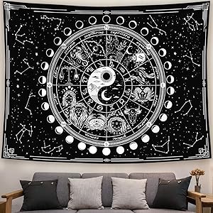 Kanuyee Twelve Constellation Tapestry,Black and White ,Sun and Moon ,Yin and Yang Tapestry Mystic Wall Hanging Tapestry for Home Decor (50