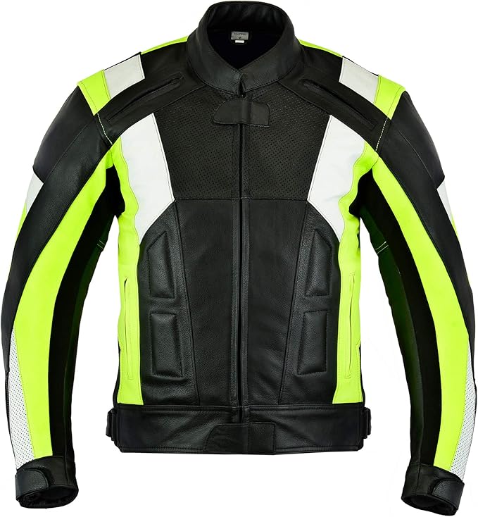 Mens Leather Motorcycle Motorbike Jacket CE Armoured HiVis/White
