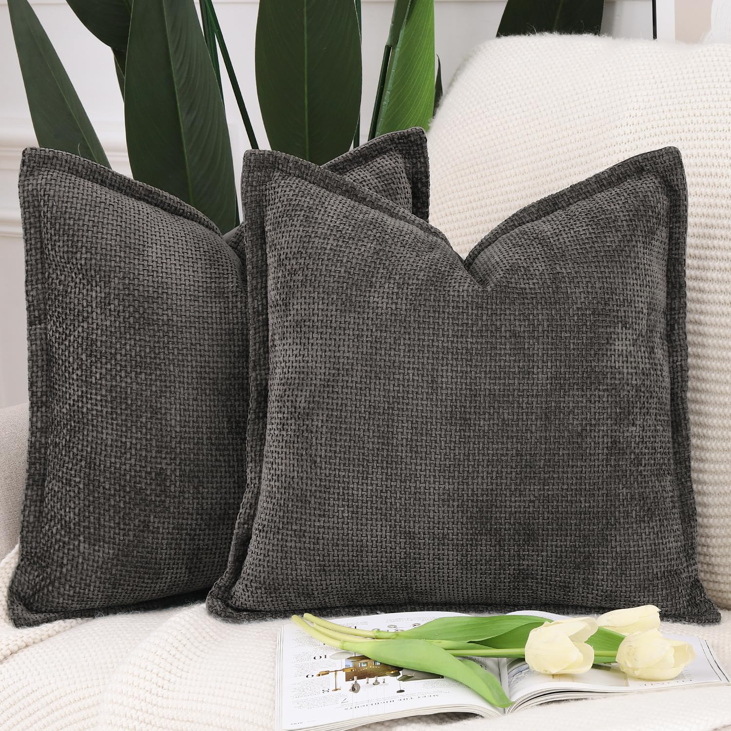 Madizz Set of 2 Chenille Velvet Cushion Covers with Flange Soft Boho Textured Throw Pillow Covers Broadside Pillowcases Modern Farmhouse Home Decor for Sofa Bedroom Dark Taupe 20x20 inch, 50x50 cm
