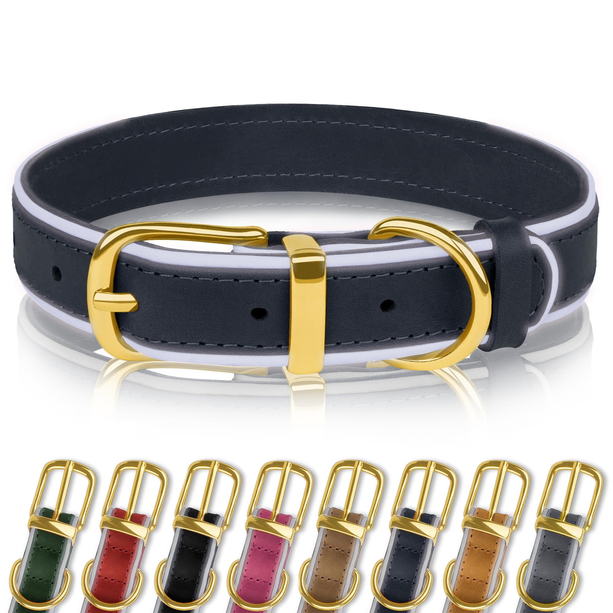 OOPSDOGGY Reflective Geniune Leather Dog Collar Soft Padded Collars for Small Medium Large Breed Dogs Puppy, 4 Sizes, 8 Colors (Blue, 9"-12")