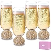 Champagne Flutes set of 4,Stemless Wedding Champagne Glasses,Unbreakable Crystal Fancy Mimosa Glasses,10 Oz Short Handle Champagne Flutes,for Engagement,Bachelorette Party,Birthday(Gold Clear)