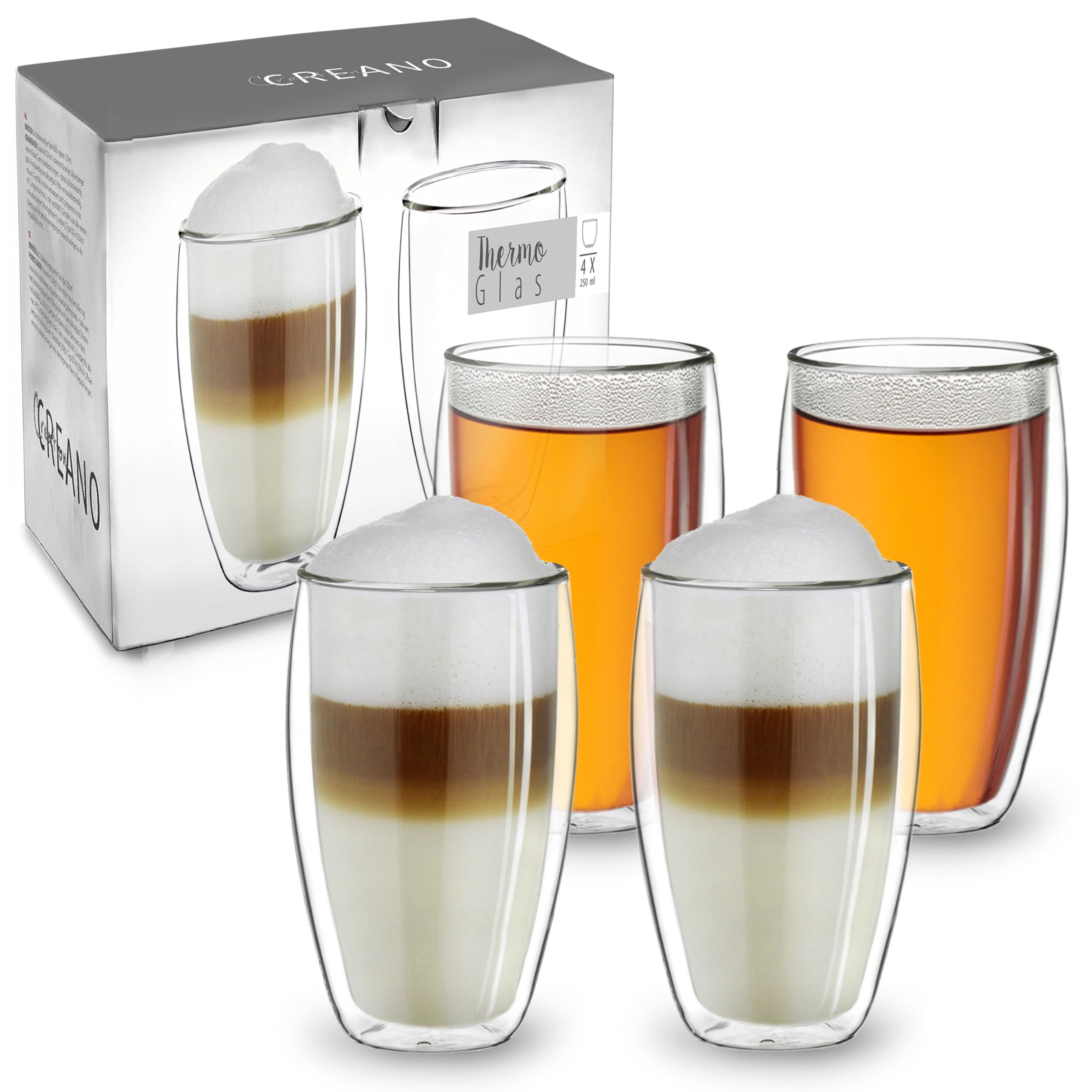 Creano Coffee Double Walled Glasses 250ml - Insulated Cappuccino Cups - Latte Macchiato, Tea - Also Suitable for Small Hands - 4 pcs (Pack of 1)