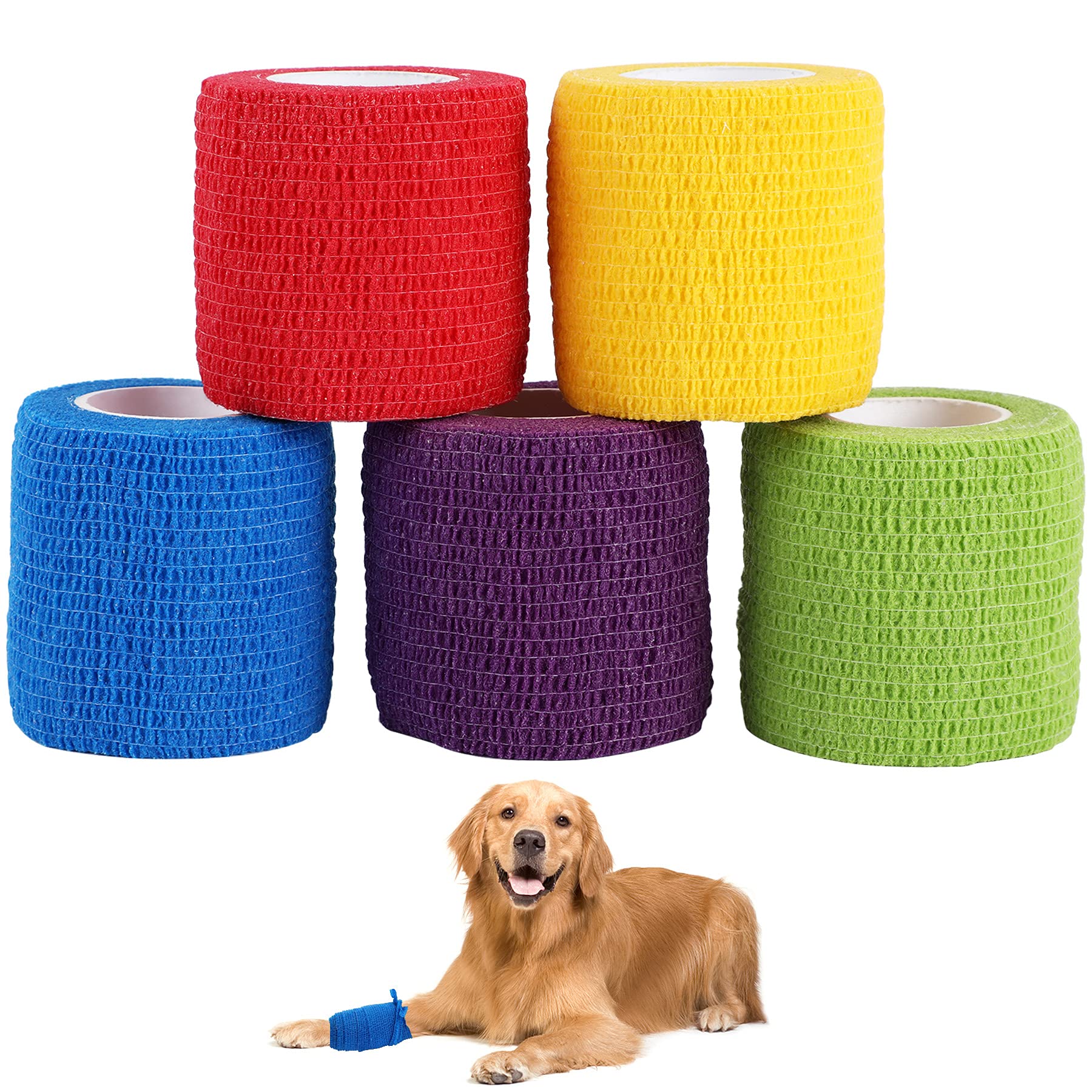 5 Rolls Pet Vet Wrap for Dogs Cats and Horse Self Adherent Bandage 2inch No Woven Elastic Cohesive Tapes for Finger, Sports and Stretch Athletic Bandages