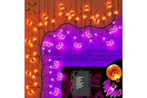 JO.DEVIVRE 7 Ft 63 LED Halloween Decorations Willow Vine Twig Garland with 8 Modes Timer Orange Purple 21 Pumpkin Bats Lights,Halloween Garland with Waterproof Battery Operated for Indoor Wall Fireplace Decor