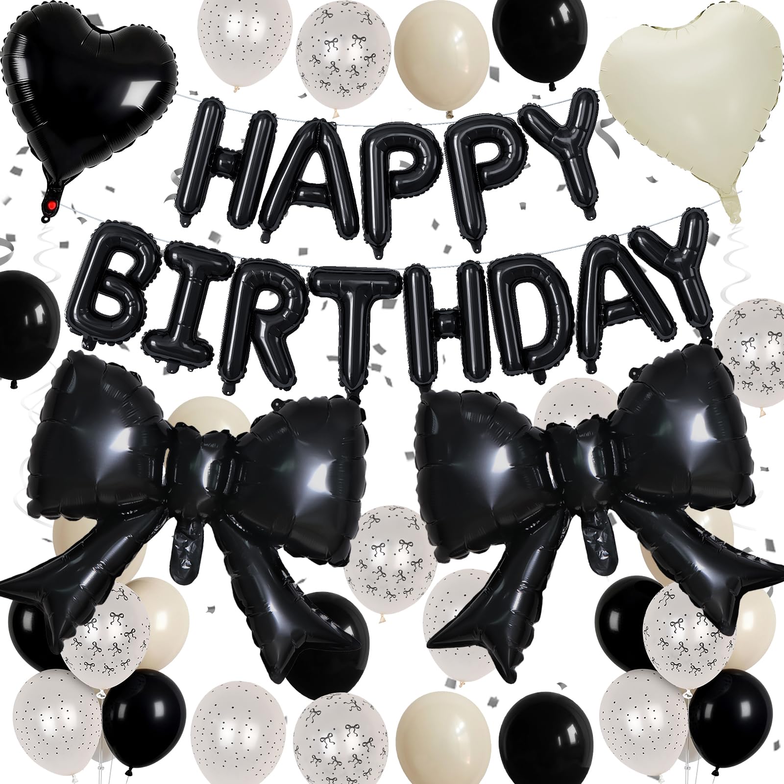 Froova Black White Bow Birthday Decorations Black Sand White Cream Pearl Polka Dot Bows Print Balloon Happy Birthday Banner 38 In Coquette Foil Balloons Heart Balloon for Women Men Bday Party Supplies