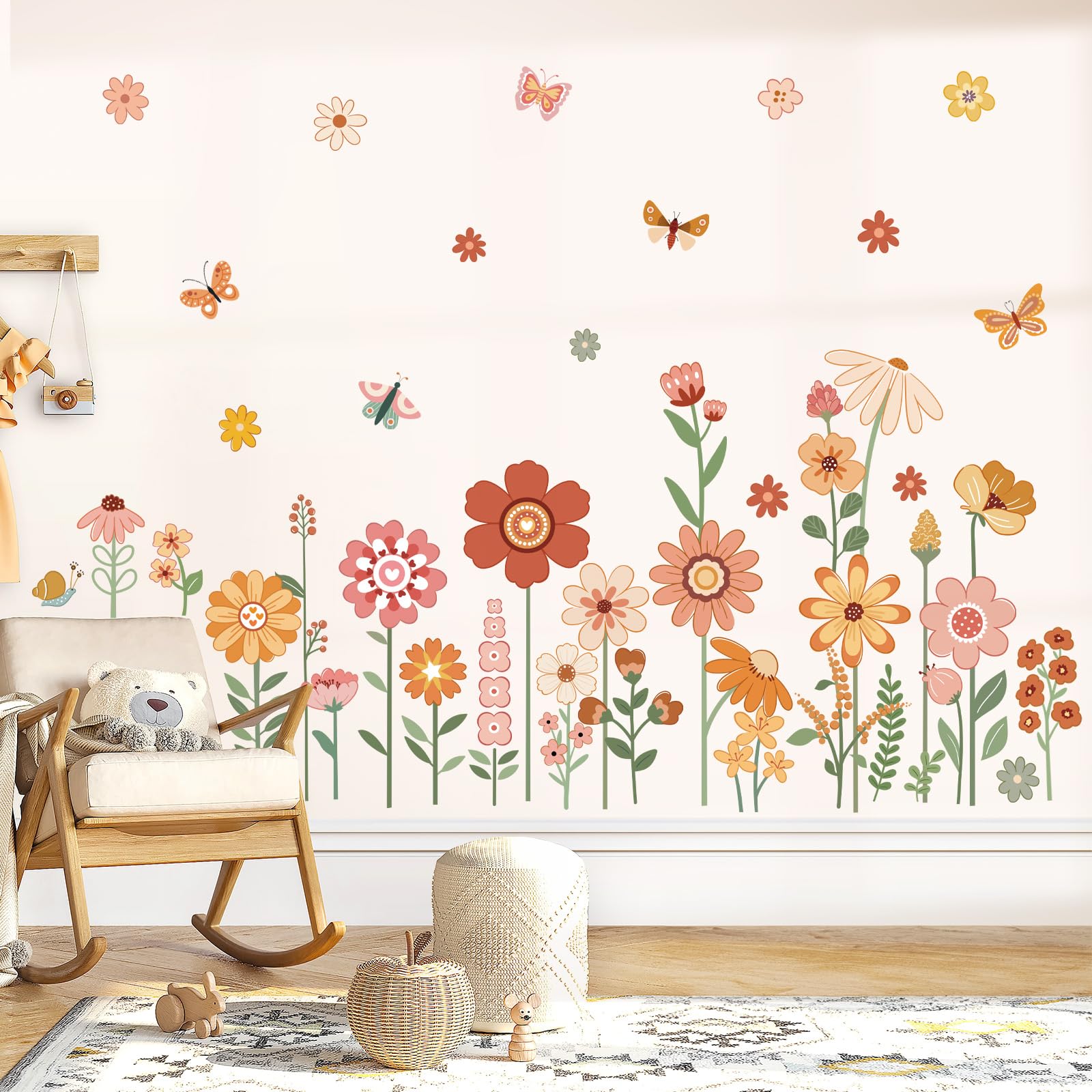 decalmile Boho Flower Wall Decals for Kids Garden Floral Daisy Butterfly Wall Stickers Baby Nursery Girls Bedroom Kids Room Wall Decor
