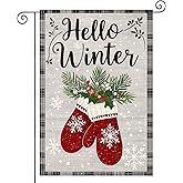 HOMETITUTE Hello Winter Garden Flag 12x18 Inch Glove Garden Flags Burlap Double-Sided Snowflake Pine Tree Seasonal Decoration Banner Merry Christmas Flag for Yard Lawn Holiday Decoration