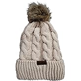 Novarena Thick Cable Knit Faux Fuzzy Fur Pom Fleece Lined Skull Cap Cuff Beanie