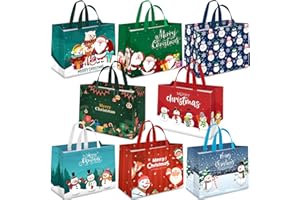 TranquilBliss 8PCS Christmas Gift Bags, Reusable Christmas Treat Bags with Handles, Christmas Baskets for Gifts Empty, Non-Woven Holiday Gift Bags, Xmas Party Supplies, 12.8"×9.8"×6.7"