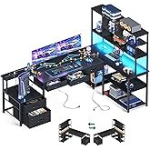 AODK 79 inch L Shaped Desk with 5 Drawers, LED Light &amp; 2 Power Outlets | Reversible Black L Shaped Gaming Desk, Computer Desk with Storage Shelves for Home Office