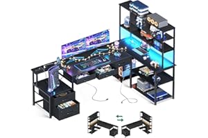 AODK 79 inch L Shaped Desk with 5 Drawers, Reversible L Shaped Gaming Desk with LED Light & 2 Power Outlets, Computer Desk with Storage Shelves for Home Office, Black