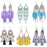 6 Pairs Bohemian Earrings for Women Vintage Drop Dangle Earrings Set Long Tassel Feather Earrings Dream Catcher Feather Earrings Boho Ethnic Water Drop Statement Earrings - A