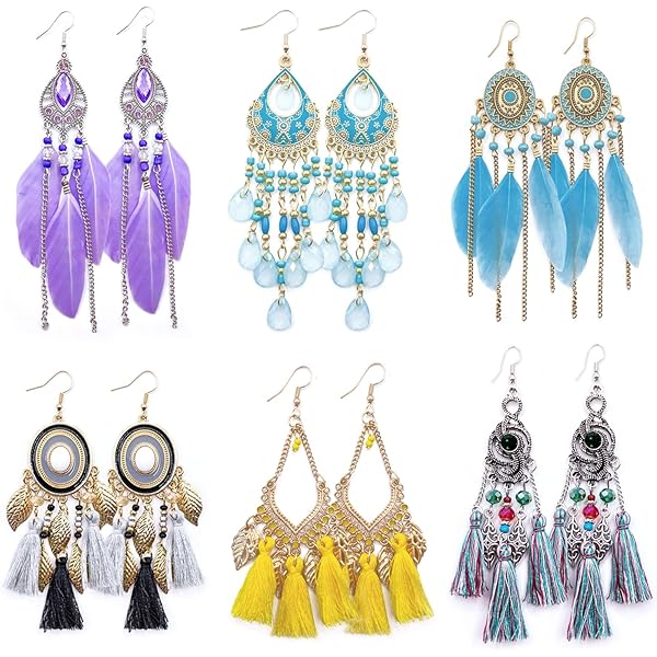 12 Pairs Women's Bohemian Earrings, Vintage Dangle Earrings, with Colourful Tassels, for Women and Girls, Gift Decoration