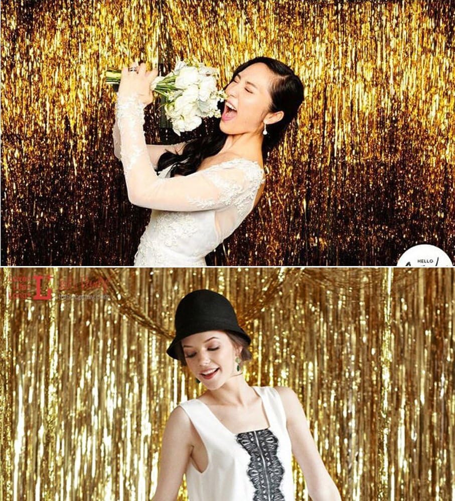 2 Packs 3ft x 8.3ft Gold Metallic Tinsel Foil Fringe Curtains Photo Booth Props for Birthday Wedding Engagement Bridal Shower Baby Shower Bachelorette Holiday Celebration Party Decorations: Toys & Games