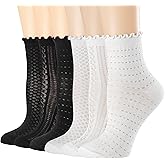 Mcool Mary Women's Ruffle Socks Mesh Casual Lace Cotton Crew Socks Summer Ultra Thin Cool Frilly Ankle Socks for Women 6 Pairs