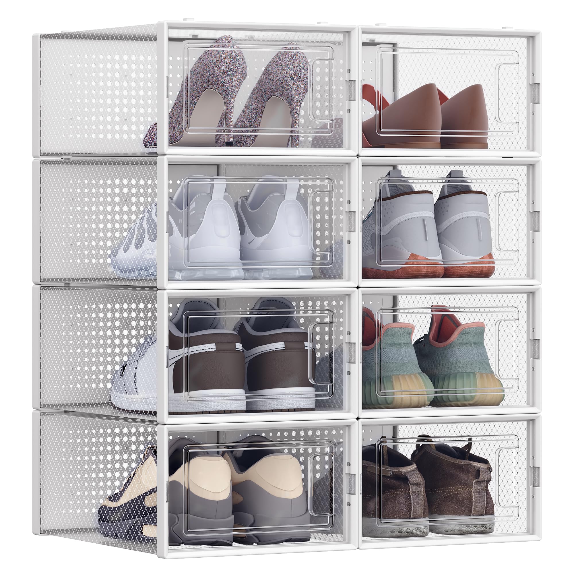 SONGMICS Shoe Boxes, Pack of 8 Stackable Shoe Storage Organisers, Foldable and Versatile for Sneakers, Fit up to UK Size 9.5, Transparent and White LSP08SWT