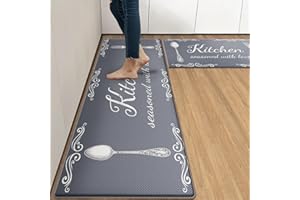 Arttown Grey Farmhouse Anti-Fatigue Kitchen Rug Set of 2 Knife Fork Rustic Vintage Cushioned Kitchen Floor Standing Mat Waterproof Non-Slip Kitchen Mat and Rugs PVC Ergonomic Comfort Foam Rug