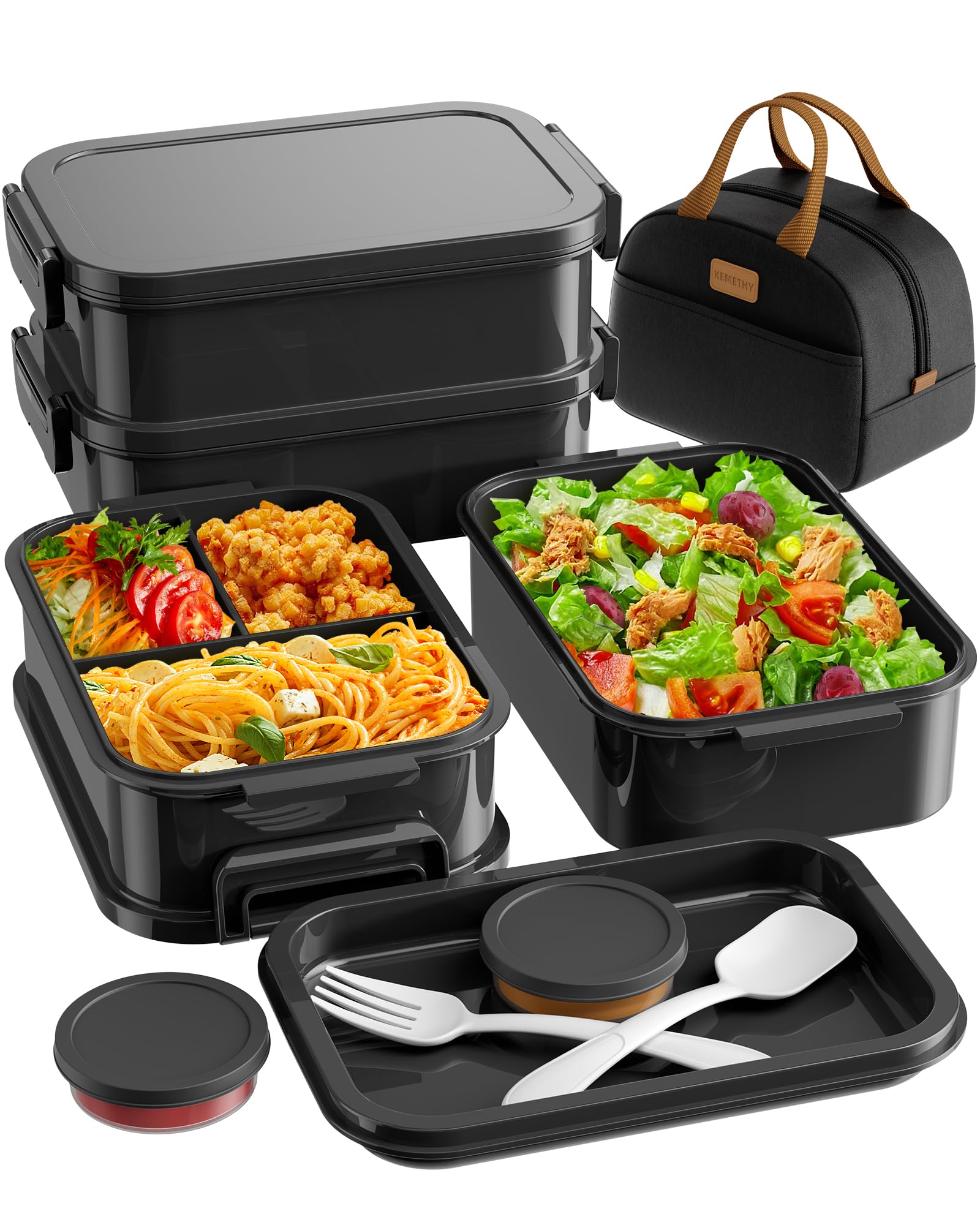Photo 1 of ***COLOR IS BLACK/ MISSING LUNCH BAG*** KEMETHY Adults Bento Lunch Box Set with Thermo Bag, 74oz Stackable Leak-proof 3-tiers Bento Box, Built-in Utensil and Sauce Container for Work, School, Dining Out (Black)