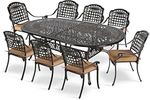 MEETWARM 9-Piece Outdoor Furniture Dining Set, All Weather Cast Aluminum Patio Garden Set with 8 Chairs, 8 Cushions, 1 Oval Table, 2" Umbrella Hole, Dark Bronze