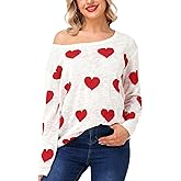 Magrank Womens Valentine Off Shoulder Shirt Long Sleeve Knitted Shirts Loose Heart Ripped Tops