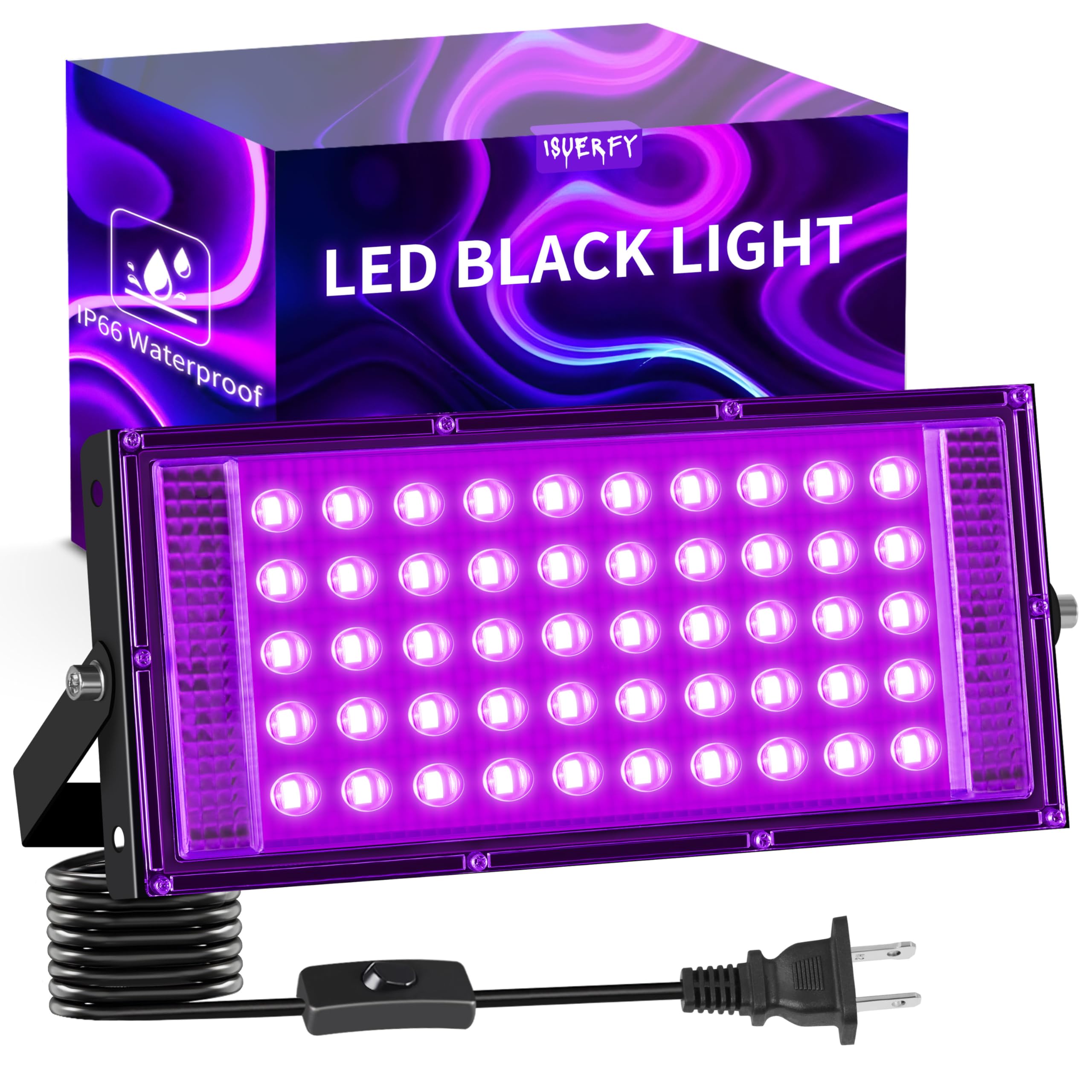 Photo 1 of 50W LED Black Light IP66 Waterproof, Outdoor Blacklight Flood Light with Switch+6FT Cord, Blacklight Spotlight for Neon Glow in The Dark Party Body Paint Fluorescent Poster Classroom Bedroom Halloween