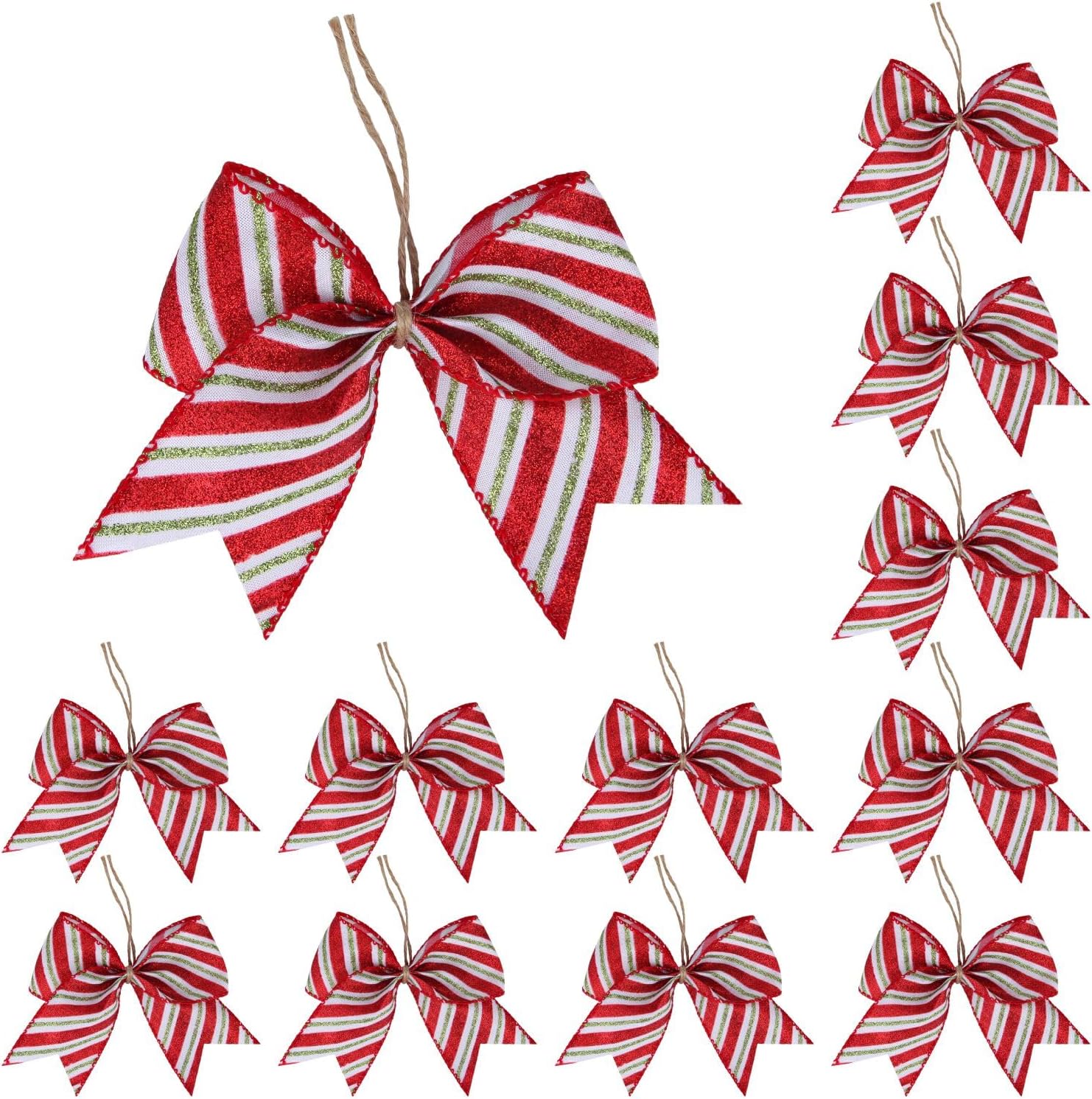 Bows & Ribbons - Meseey 12 Pcs Christmas Candy Cane Bows 6 Inch Red and Green Glitter Stripe Lollipop Peppermint Hanging Christmas Wreath Bow for Xmas Door Garland DIY Candy Themed Party Supplies(Red Stripe)