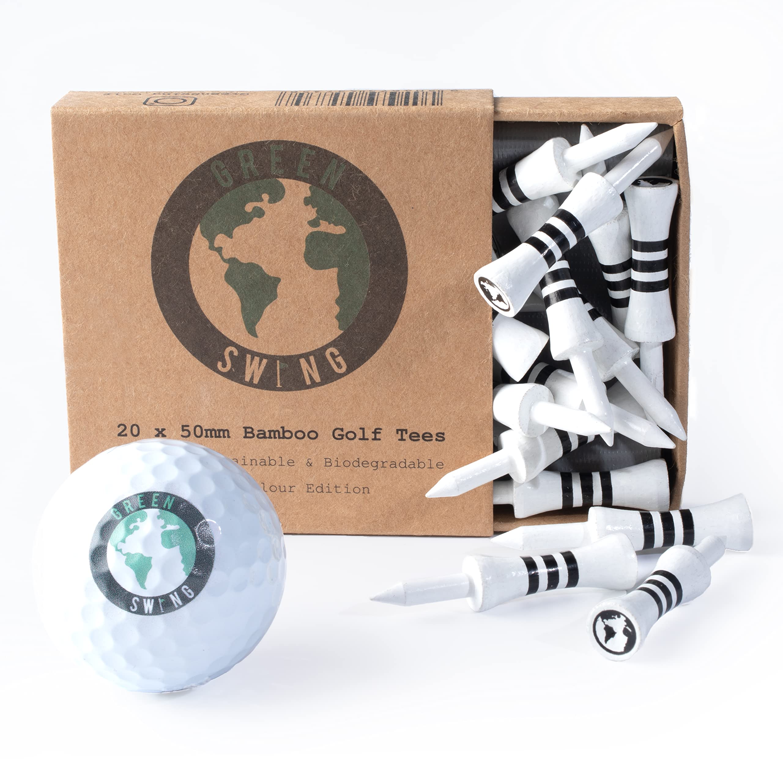 Green Swing Bamboo Golf Tees 50mm | Strong Sustainable Biodegradable | 20pcs (Full Colour Edition)
