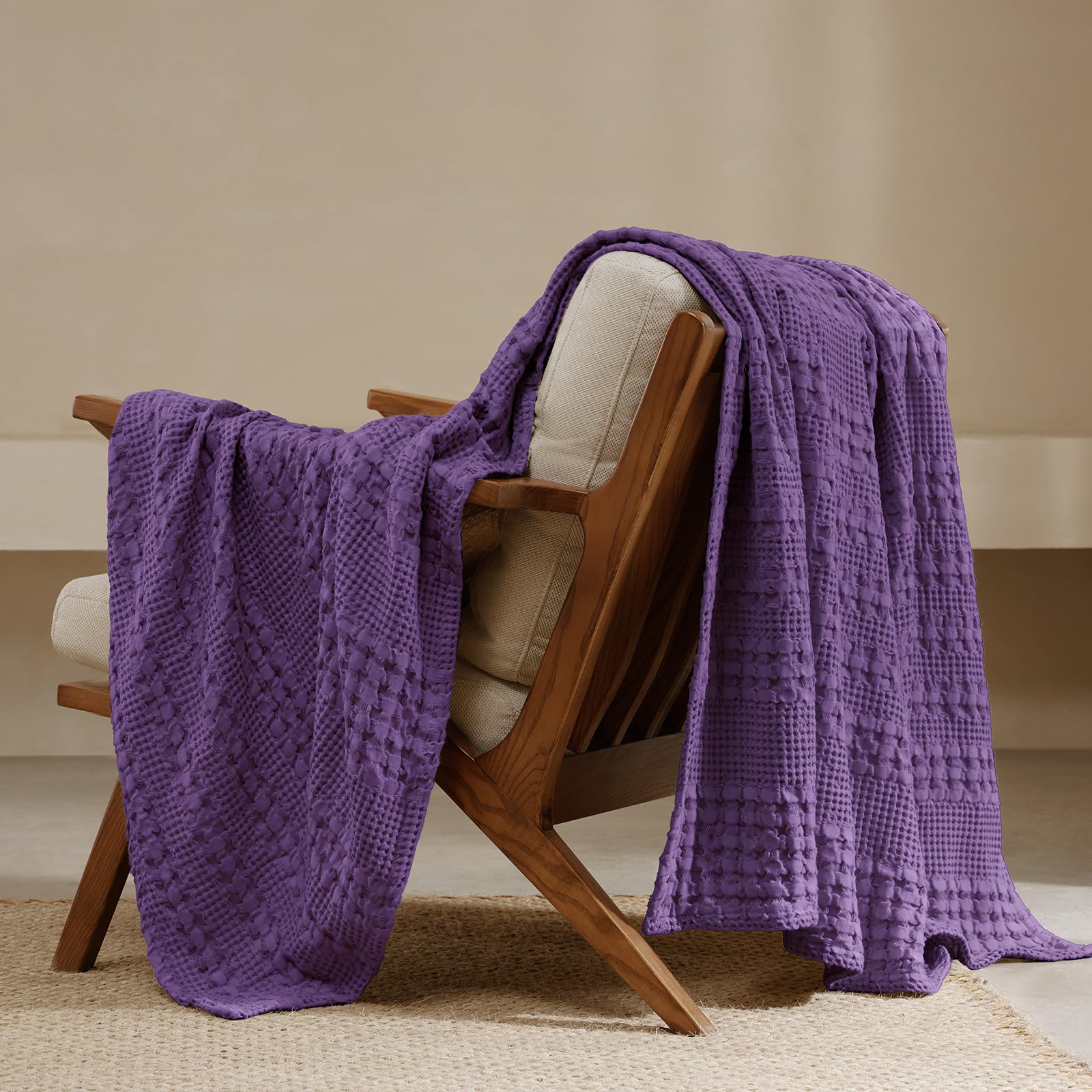 Photo 1 of PHF 100% Cotton Waffle Weave Throw Blanket, Soft Lightweight Breathable Cozy Throws for Couch Bed Sofa, Luxury Aesthetic Woven Blanket for Home Decor & Office, 50"x60", Grape