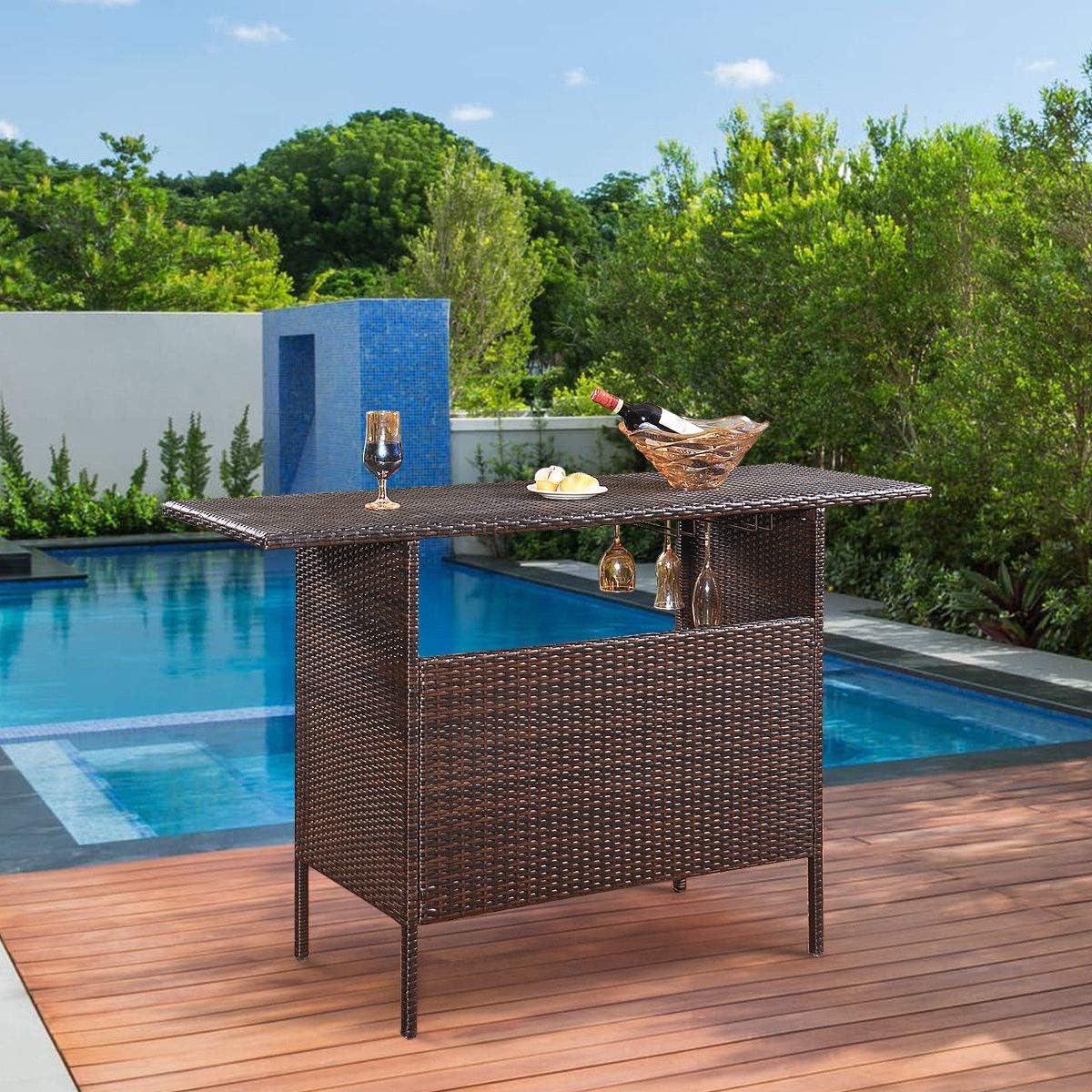 Giantex Outdoor Patio Rattan Wicker Bar Counter Table with 2 Steel Shelves, 2 Sets of Rails Garden Patio Furniture, 55.1"X18.5"X36.2"(LXWXH), Brown: Kitchen & Dining
