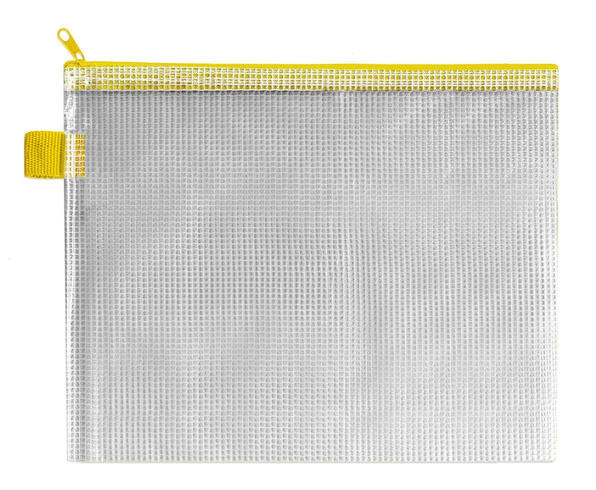 INDX Zip Pouch Reinforced Mesh-weave PVC Clear with Coloured Seal W240xD15xH190mm A5 Yellow Ref ZPYEL