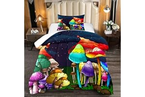 Kossmjx Mushroom Twin Comforter Set for Boys Cartoon Colorful Mushroom Bedding Set Night Sky Mushroom Comforter Set for Boys Bedroom All-Season Breathable Cute Mushroom Quilt with Pillowcase