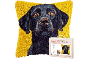 GENERIC DIY Latch Hook Pillow Kits for Adults Cartoon Black Labrador Dog Printed Pillowcase Crochet Yarns Hooking Handmade Pillow Cover Cushion for Home Sofa Decoration 17x17inch-14