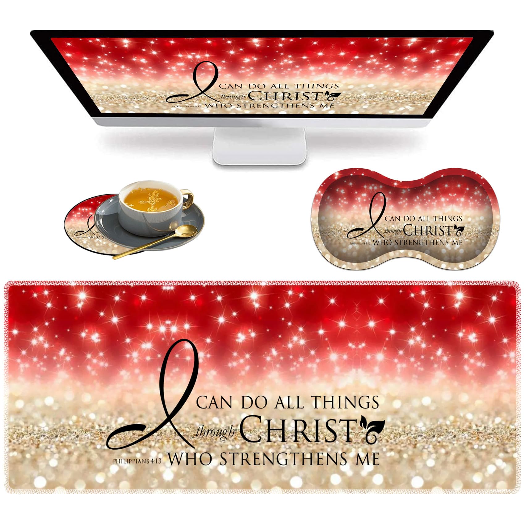 Photo 1 of 3 Piece Mouse Pad Set with Stitched Edge Large Anti-Slip Mouse Pad Desk Pad Keyboard Pad + Wrist Rest Pad + Coaster, Memory Foam Wrist Rest for Office/Home - Bible Verse Pink Philippians 4-13