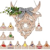 Maitys 13 Pcs Highland Cow Head Door Wreath Sign Christmas Decor Welcome Hanger Rustic Wooden Hanging Farmhouse Cow Decor with Buffalo Plaid for Front Door, 11 x 9.8 Inch(Yak Head Shape)