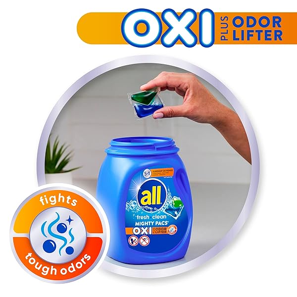 ALL FRESH CLEAN, OXI + ODOR LIFTER, MIGHTY PACS LAUNDRY DETERGENT PACS, 60 COUNT