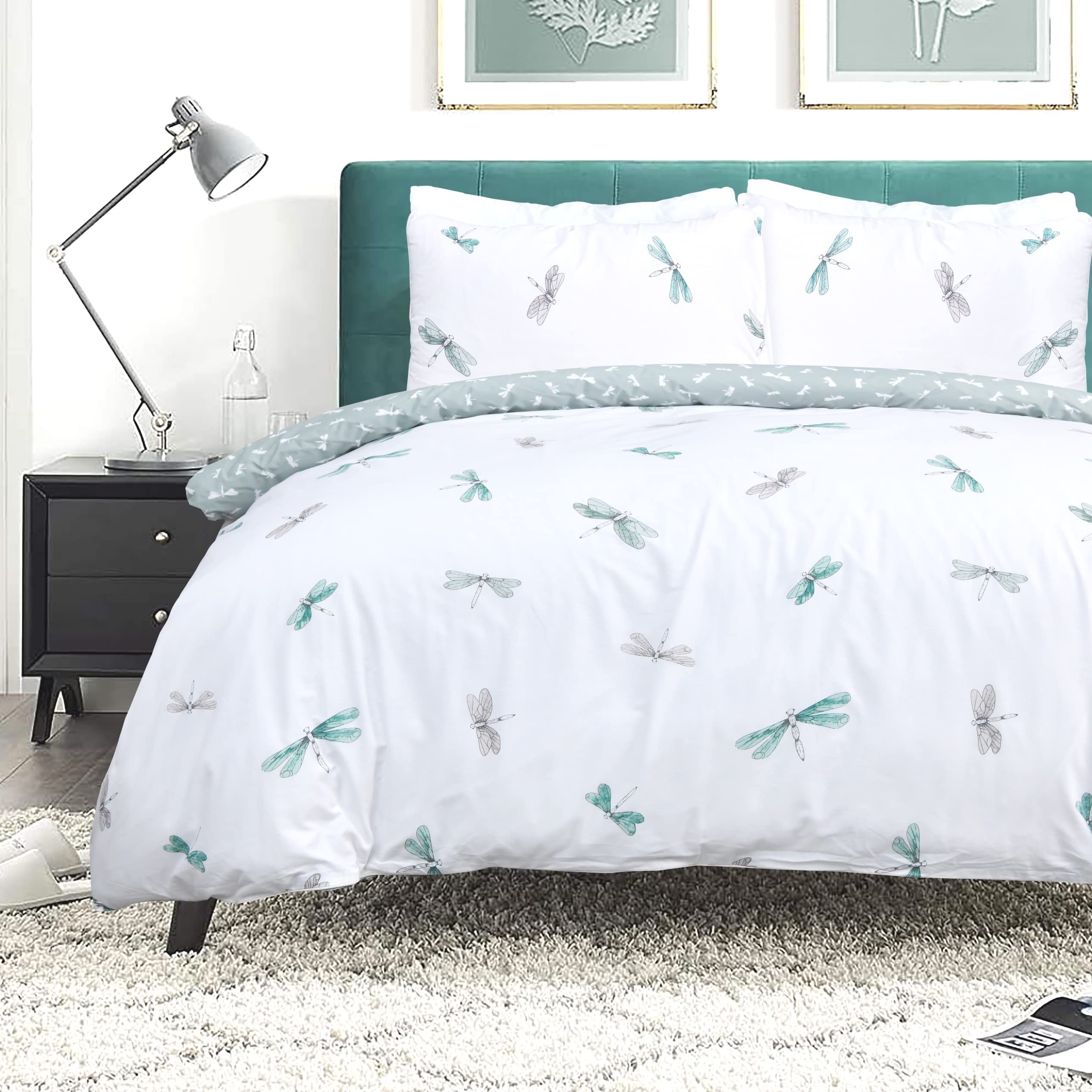 Sleepdown Dragonfly White Green Reversible Duvet Cover Quilt Pipe Edge Pillow Cases Bedding Set Soft Easy Care - King (230cm x 220cm)