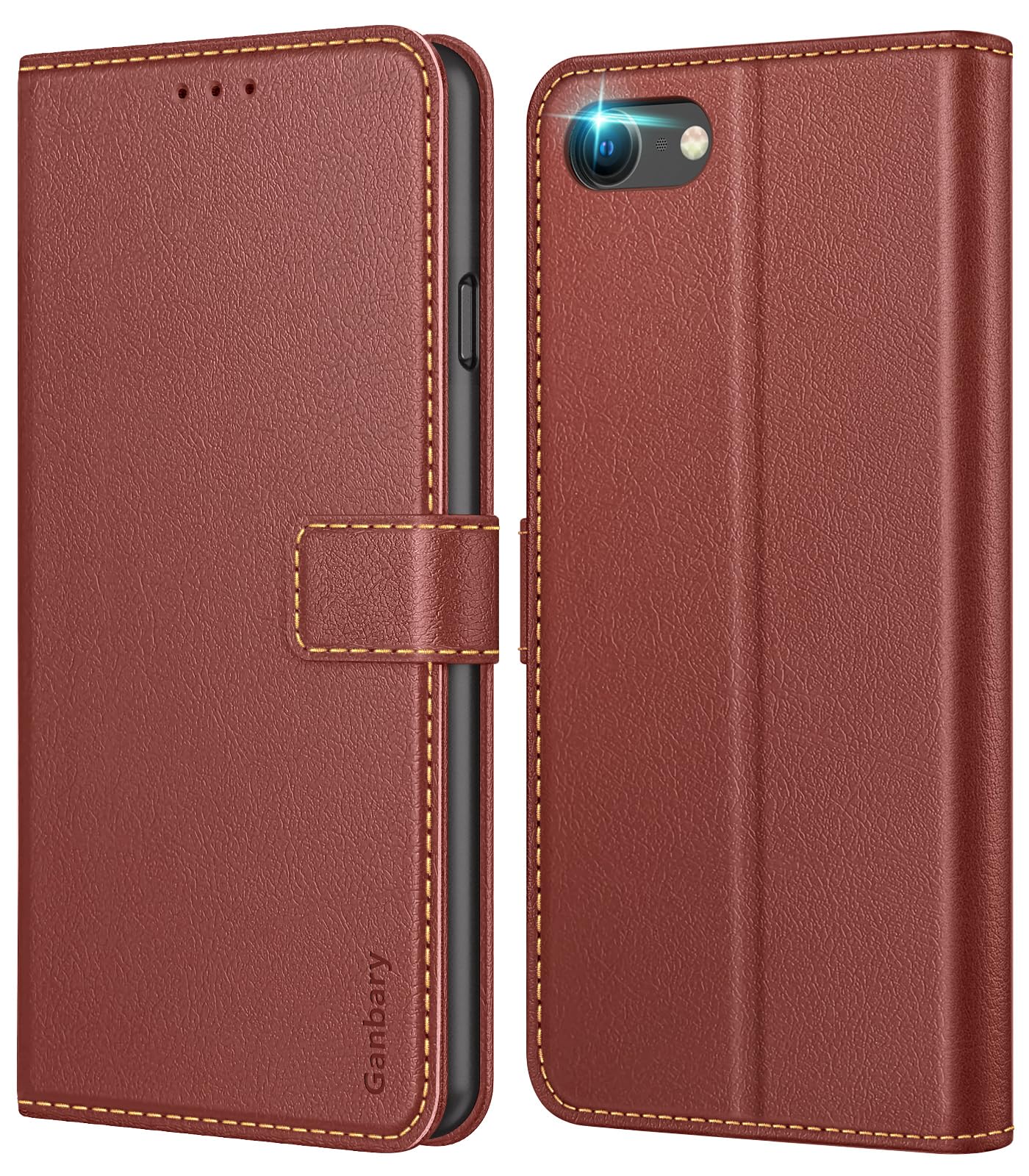 Ganbary Case Compatible with iPhone SE 2022/2020/8/7, Premium PU Leather Flip Wallet Case [Full Protection] [Card Slots] [Kickstand], Brown