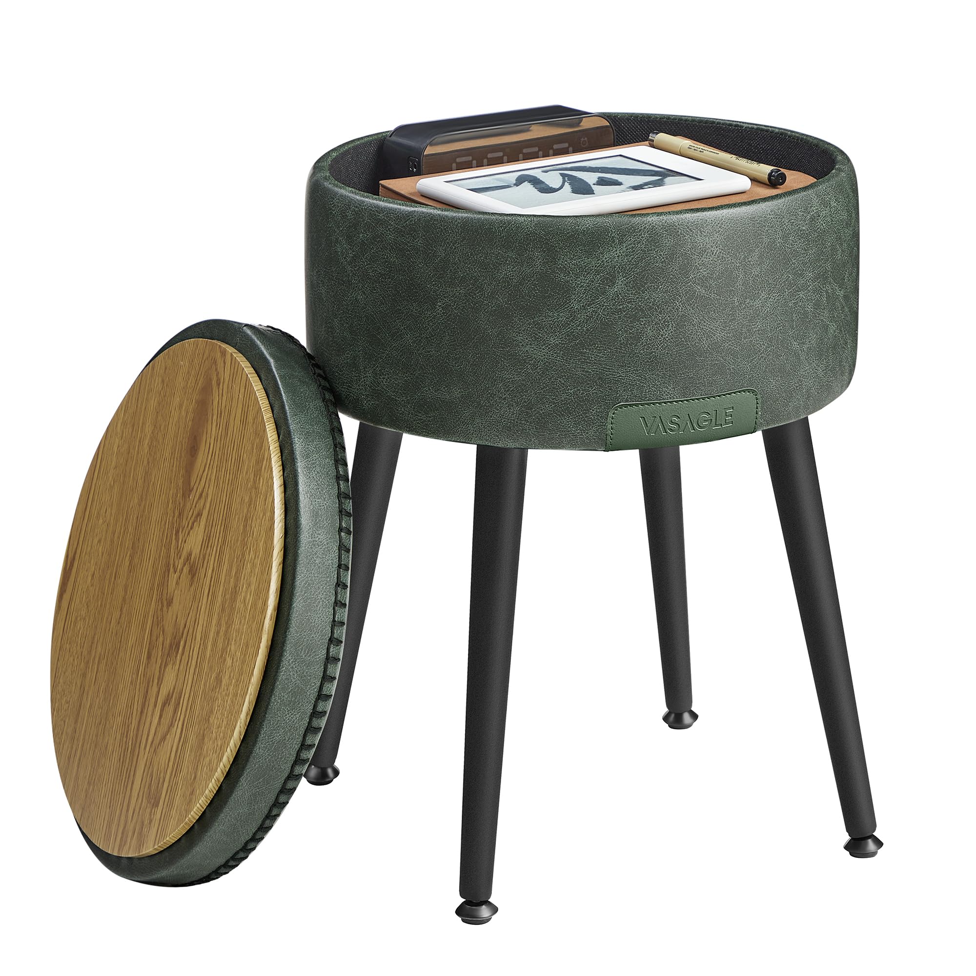 Photo 1 of VASAGLE EKHO Collection - Storage Ottoman, Vanity Chair Stool, Synthetic Leather with Stitching, Mid-Century Modern, Round Storage Seat with Steel Legs, Loads 330 lb, Forest Green ULOM005C01