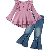 Auiopila Kids Toddler Girl Clothes Solid Color Ruffle Sleeve Top and Flare Jeans Pants 2Pcs Fall Winter Girl Outfits