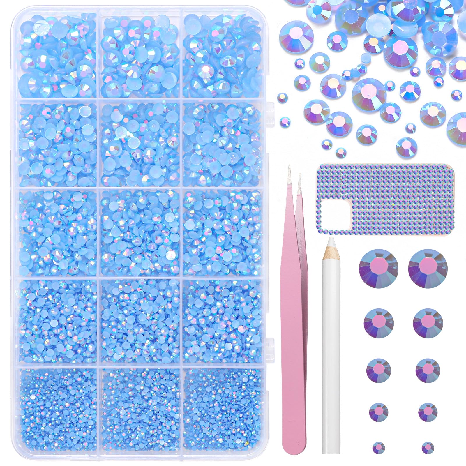 Photo 1 of 16000 Pcs Resin Rhinestones for Crafting, Flatback Light Blue Gems Jelly Rhinestones, Mixed Sizes Blue Bedazzling Crystal with Pickup Tool for DIY Crafts Clothing Tumblers Mugs Shoes Fabric Nail Art