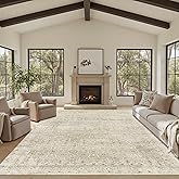 Rugxara 8x10 Area Rugs for Living Room Bedroom, Beige Large Washable Neutral Rug, Vintage Floral Retro Boho Non Slip & Low Pile Carpet for Indoor Dining Room, Classroom, Dorm, Nursery and Kids Room