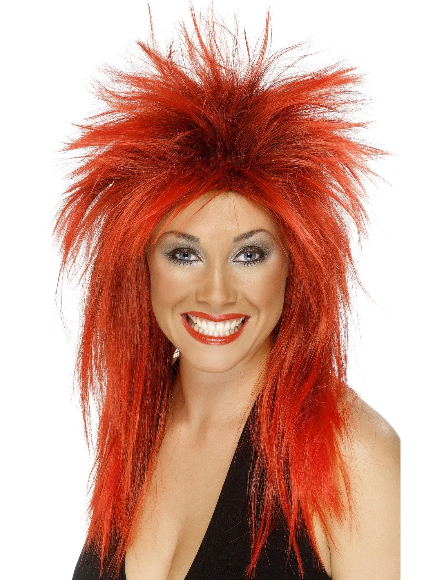 Smiffys Rock Diva Wig, Red Long Mullet, 1980's Fancy Dress, Adult Dress Up Wigs