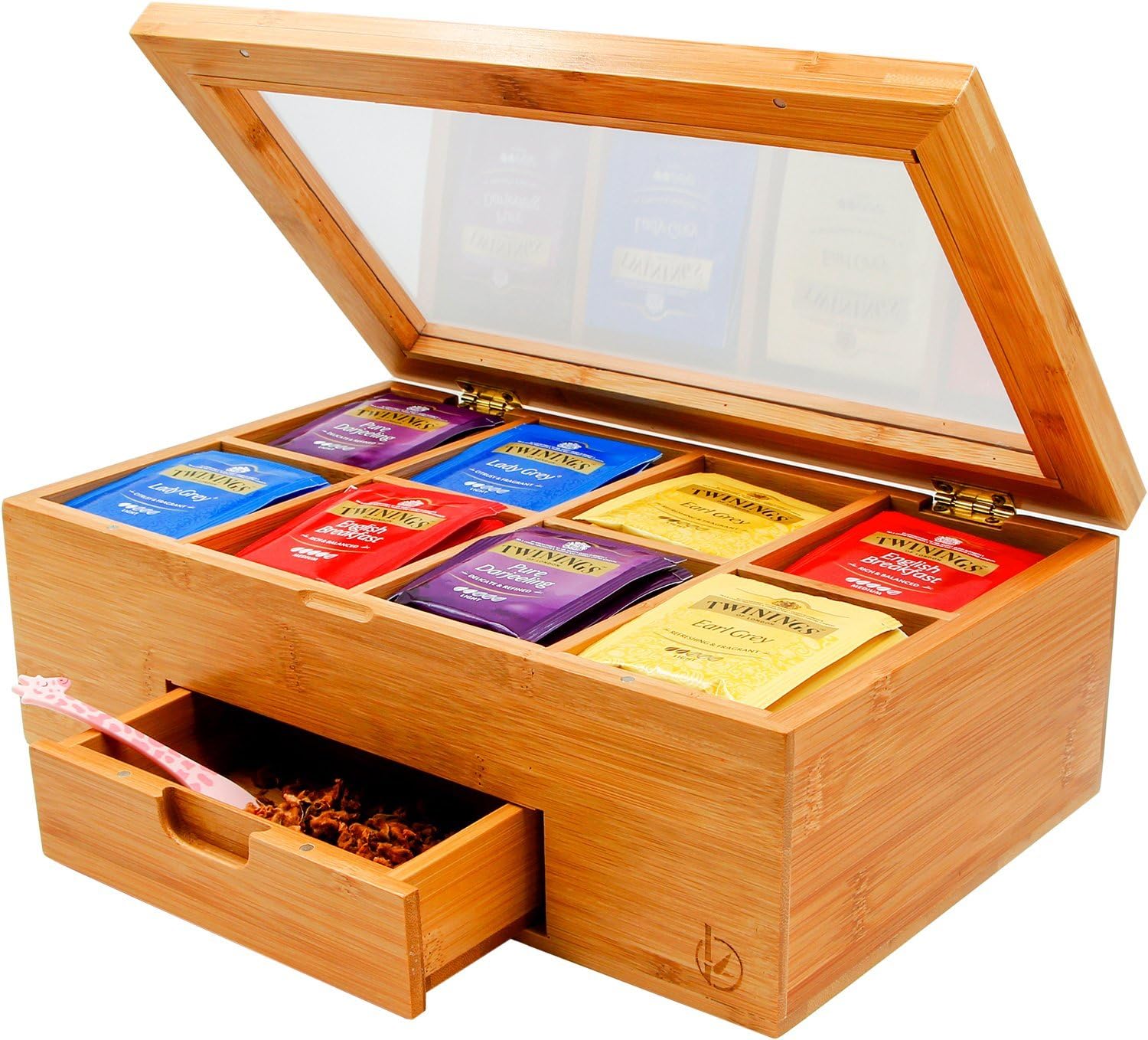 Ecbanli Bamboo Tea Box with Small Drawer, Taller Size Tea Bag Storage Organizer